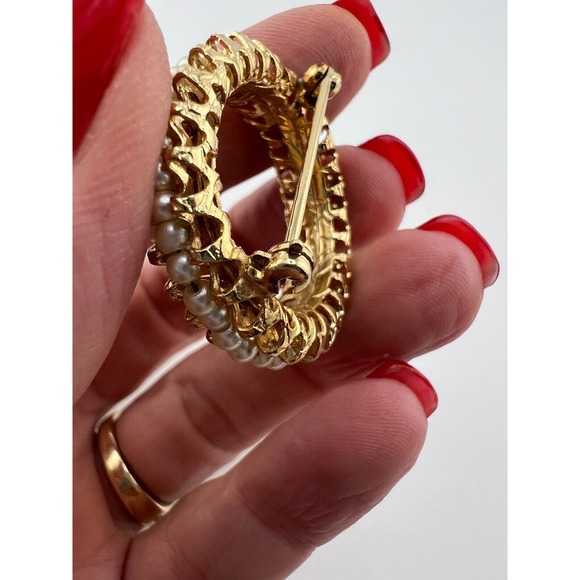 Vintage Women's Jewelry‎ Gold-Tone White Pearl Round Ring Scarf Brooch Pin - Picture 10 of 12